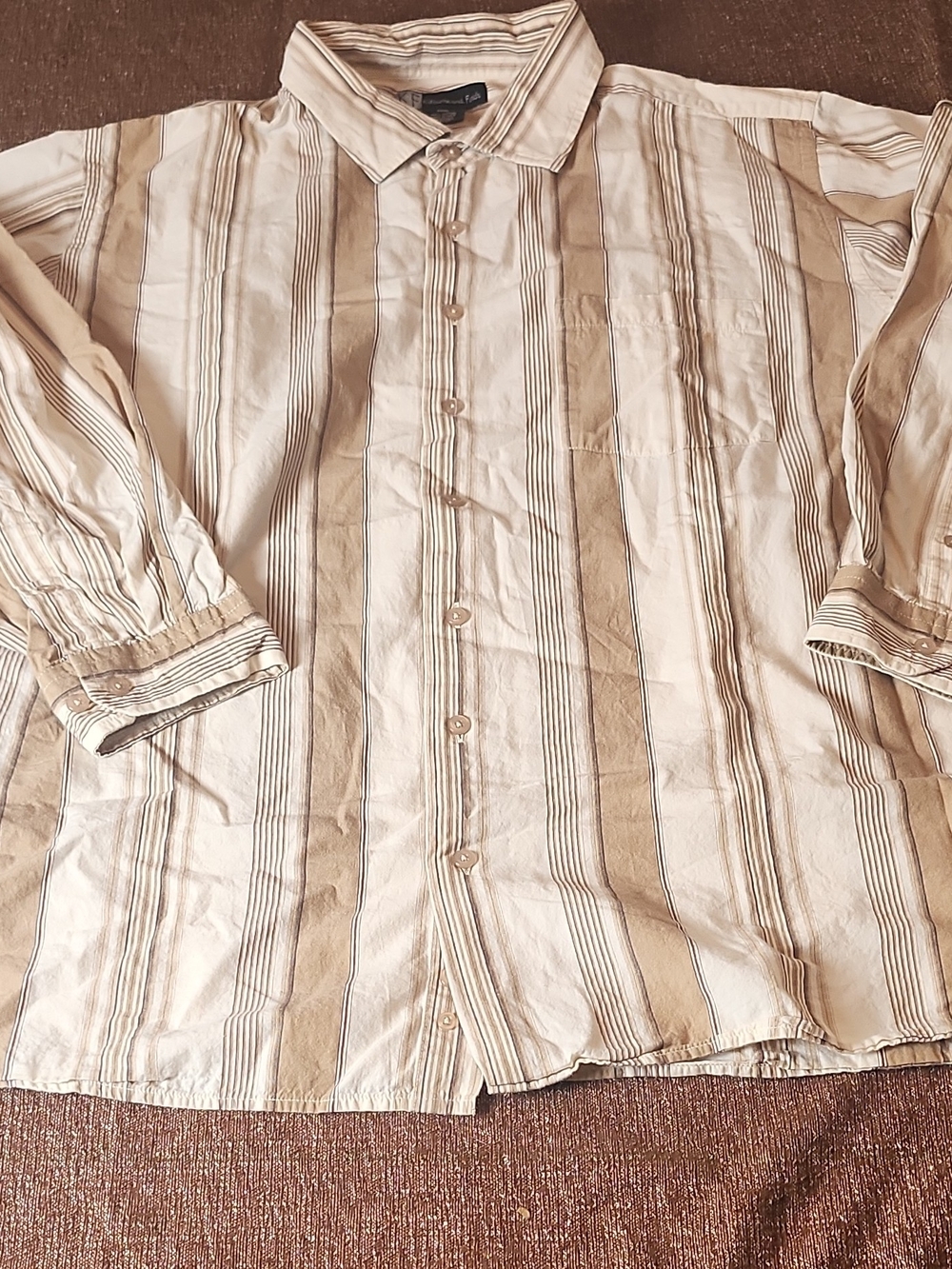 Men’s Striped Button-Up Dress Shirt in Beige and White